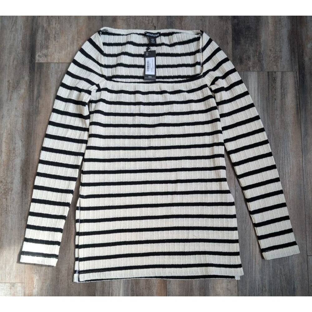 NWT Pretty Little Thing Long Sleeve Square Neck Tunic Top Black Striped Size 8